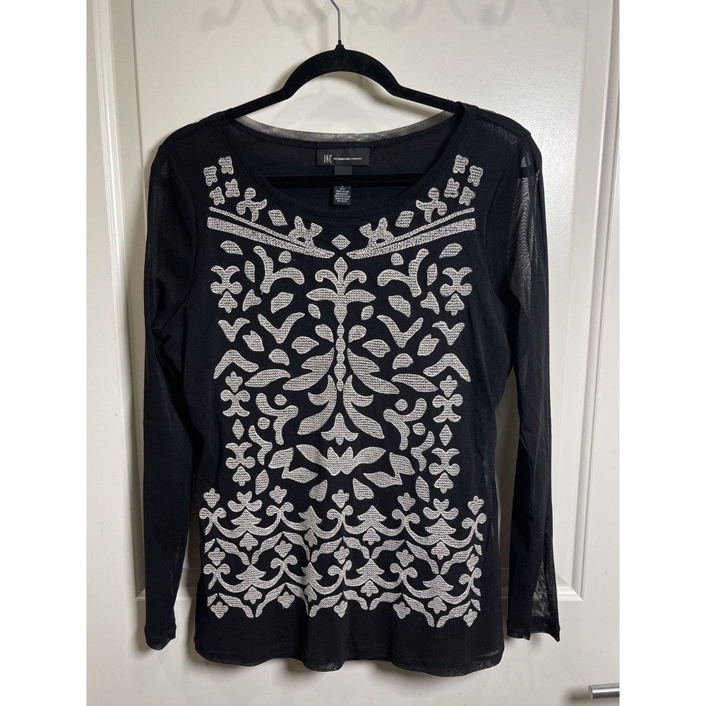INC Black Sheer Embroidered Long Sleeve Blouse Top‎ Size Large Boho